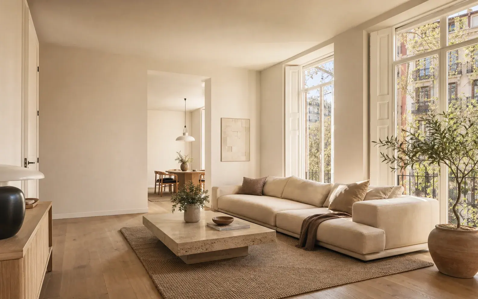Salón contemporáneo y luminoso con grandes ventanales y materiales naturales cálidos.